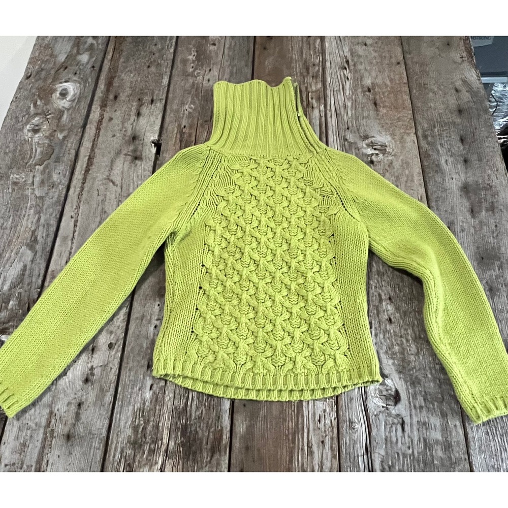 Sisley Lime Green Cable Knit Turtleneck Sweater Zip Neck Raglan Pullover